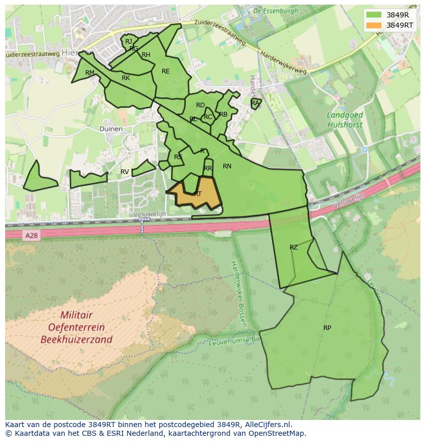 Afbeelding van het postcodegebied 3849 RT op de kaart.