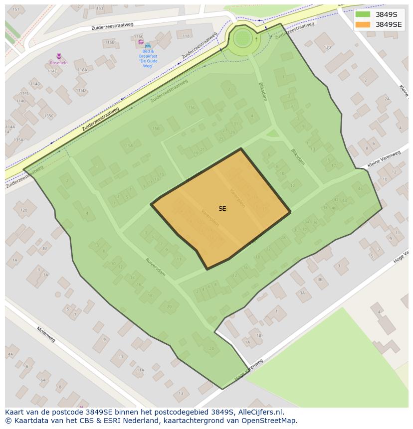 Afbeelding van het postcodegebied 3849 SE op de kaart.