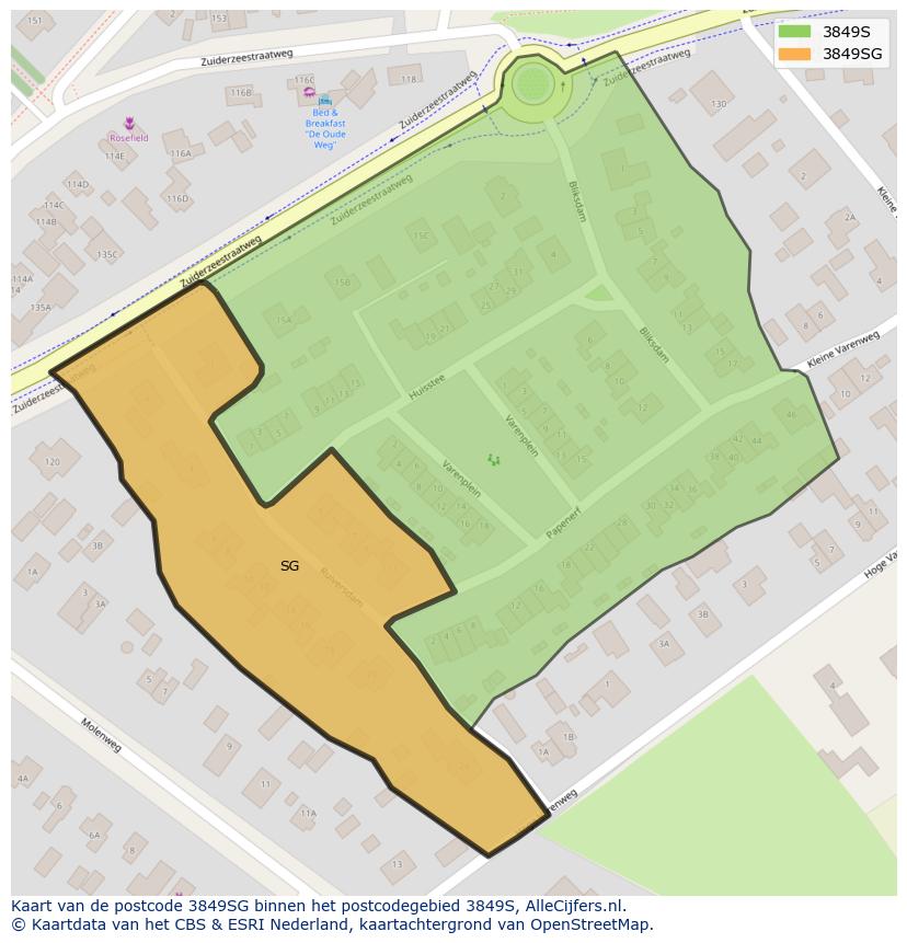 Afbeelding van het postcodegebied 3849 SG op de kaart.