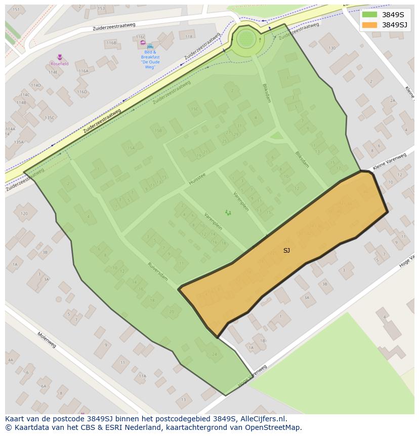 Afbeelding van het postcodegebied 3849 SJ op de kaart.