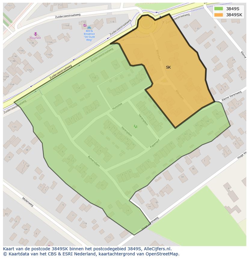 Afbeelding van het postcodegebied 3849 SK op de kaart.