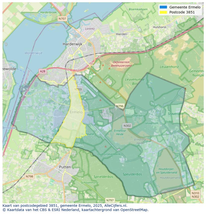 Afbeelding van het postcodegebied 3851 op de kaart.