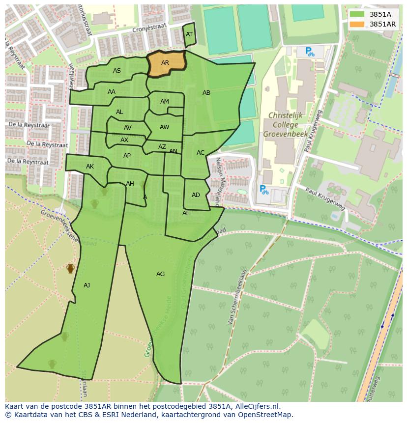 Afbeelding van het postcodegebied 3851 AR op de kaart.