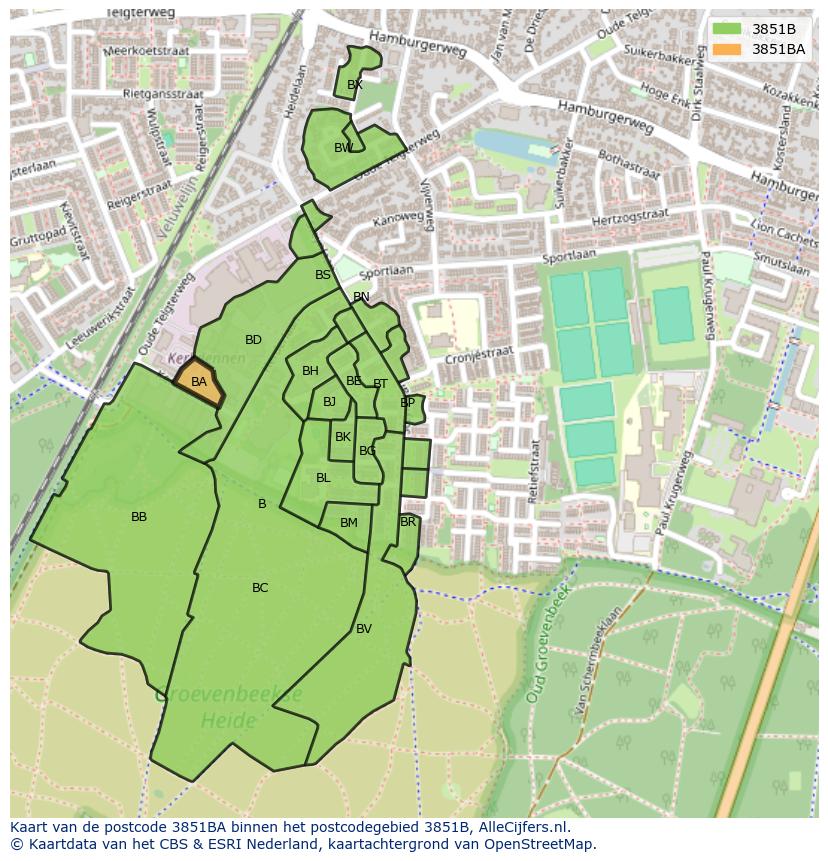 Afbeelding van het postcodegebied 3851 BA op de kaart.