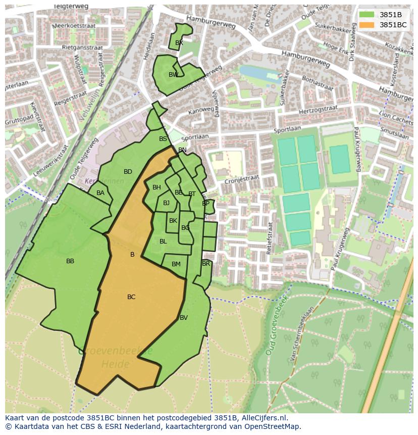 Afbeelding van het postcodegebied 3851 BC op de kaart.