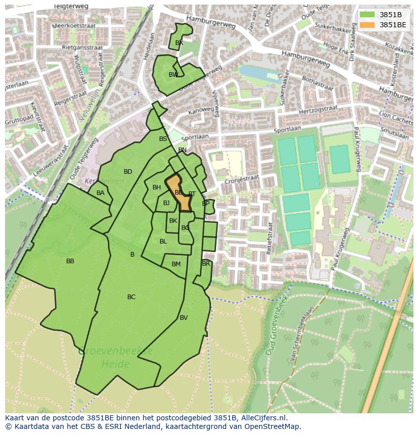 Afbeelding van het postcodegebied 3851 BE op de kaart.