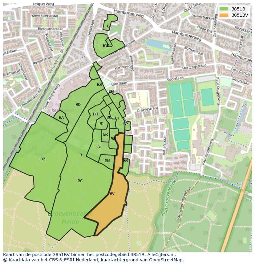 Afbeelding van het postcodegebied 3851 BV op de kaart.