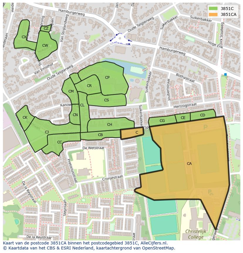 Afbeelding van het postcodegebied 3851 CA op de kaart.