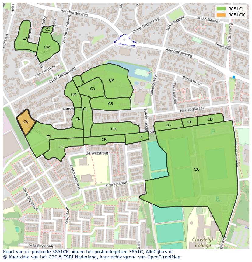 Afbeelding van het postcodegebied 3851 CK op de kaart.
