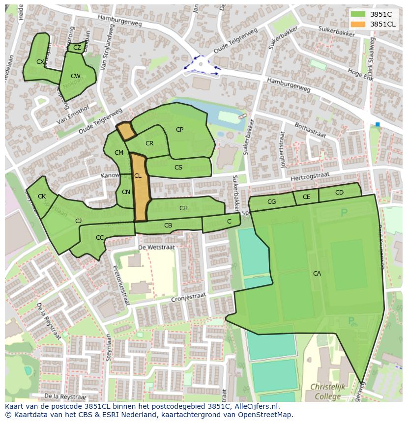 Afbeelding van het postcodegebied 3851 CL op de kaart.
