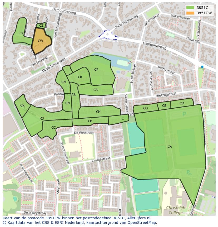 Afbeelding van het postcodegebied 3851 CW op de kaart.