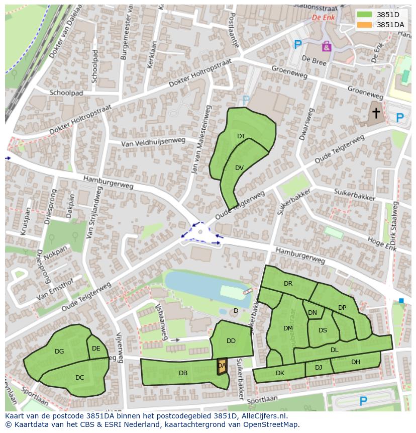 Afbeelding van het postcodegebied 3851 DA op de kaart.