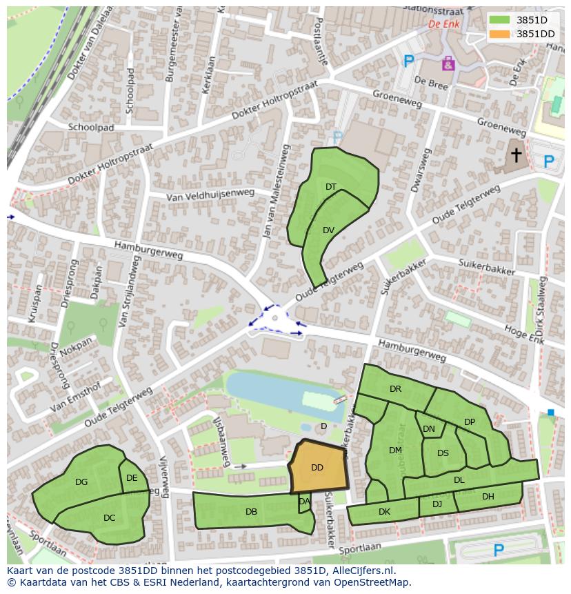 Afbeelding van het postcodegebied 3851 DD op de kaart.