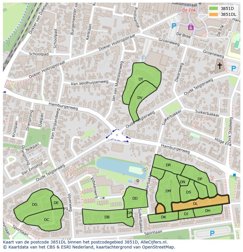 Afbeelding van het postcodegebied 3851 DL op de kaart.