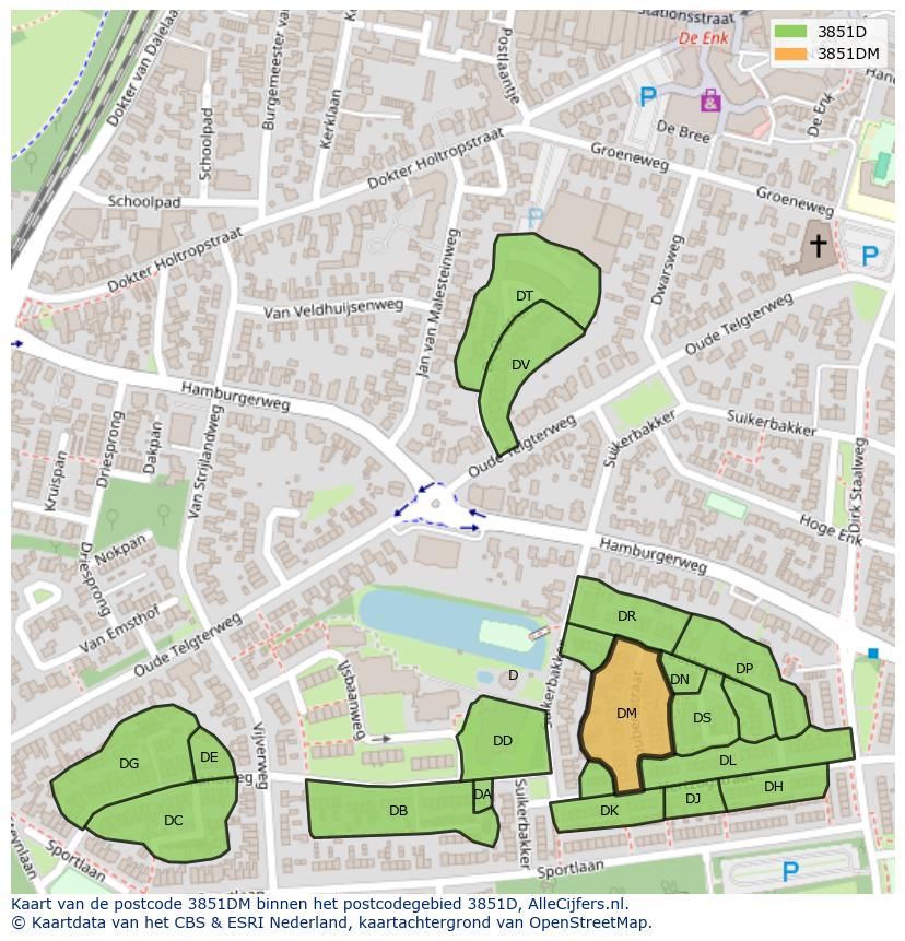 Afbeelding van het postcodegebied 3851 DM op de kaart.