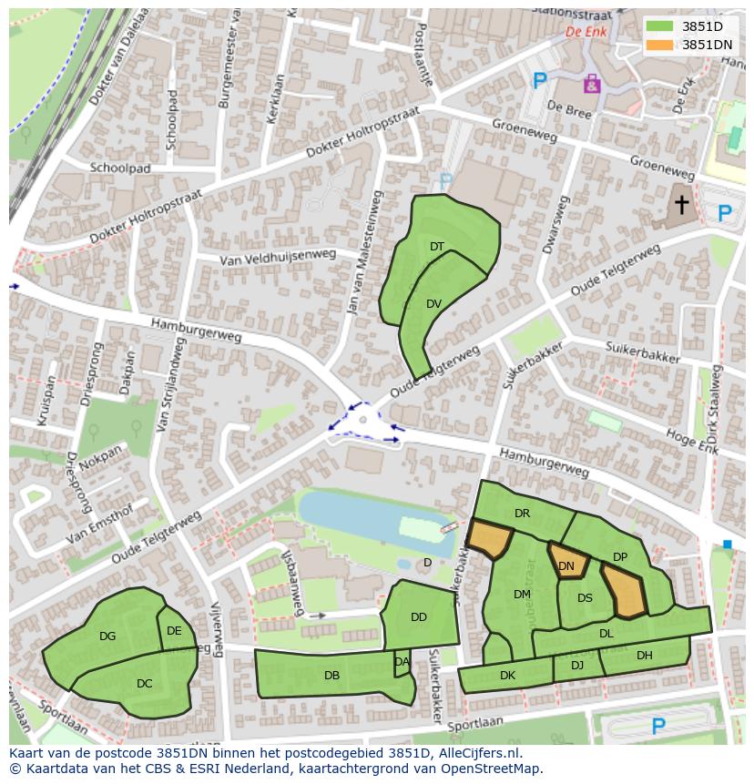 Afbeelding van het postcodegebied 3851 DN op de kaart.