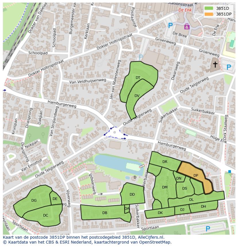 Afbeelding van het postcodegebied 3851 DP op de kaart.