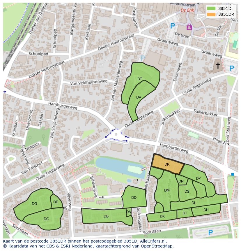Afbeelding van het postcodegebied 3851 DR op de kaart.