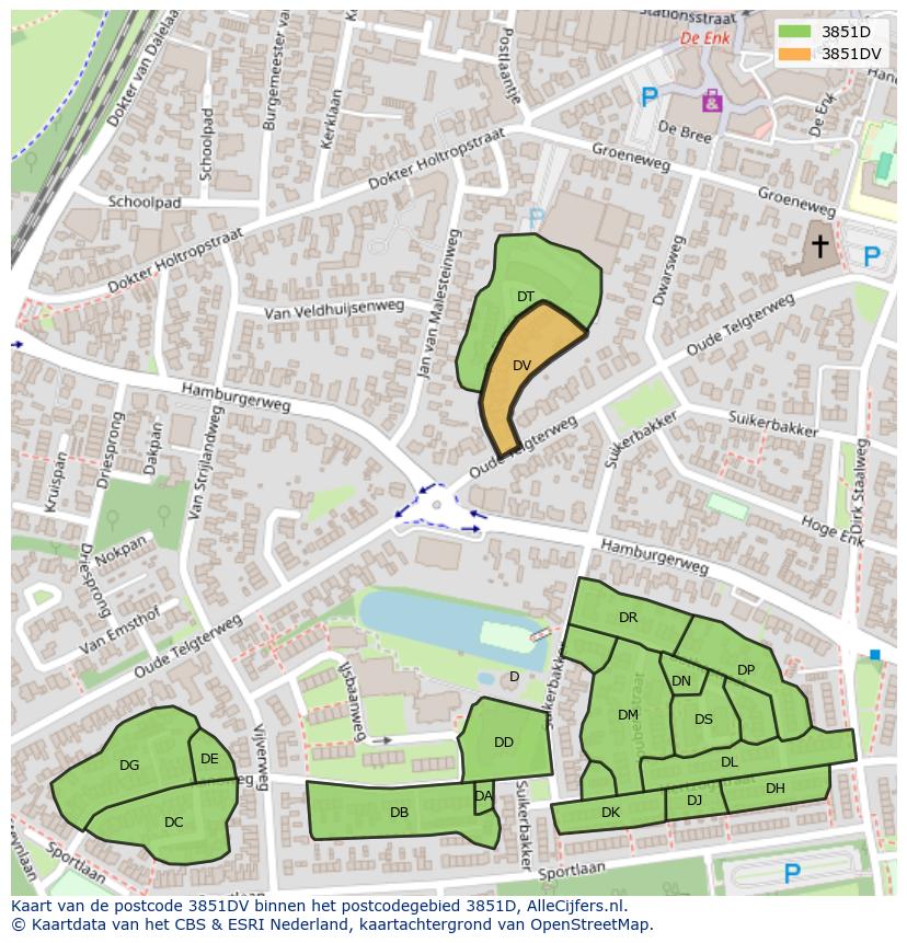 Afbeelding van het postcodegebied 3851 DV op de kaart.