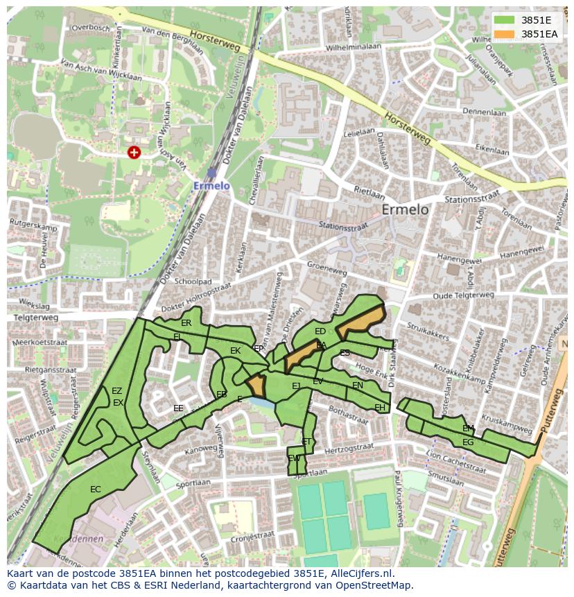 Afbeelding van het postcodegebied 3851 EA op de kaart.