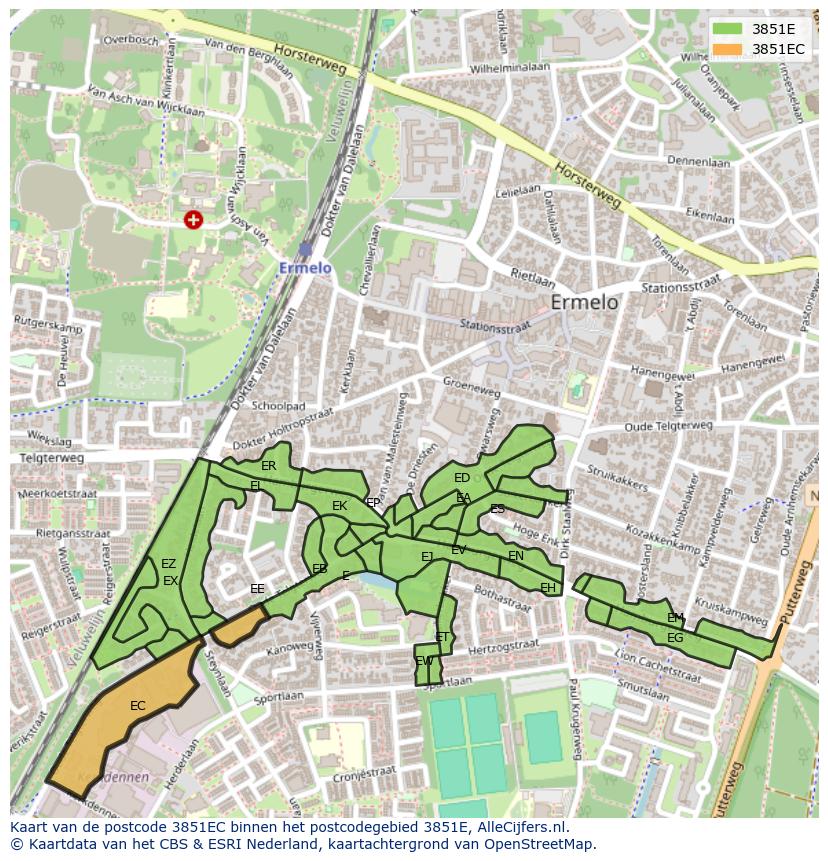 Afbeelding van het postcodegebied 3851 EC op de kaart.