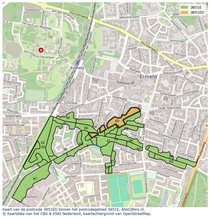 Afbeelding van het postcodegebied 3851 ED op de kaart.
