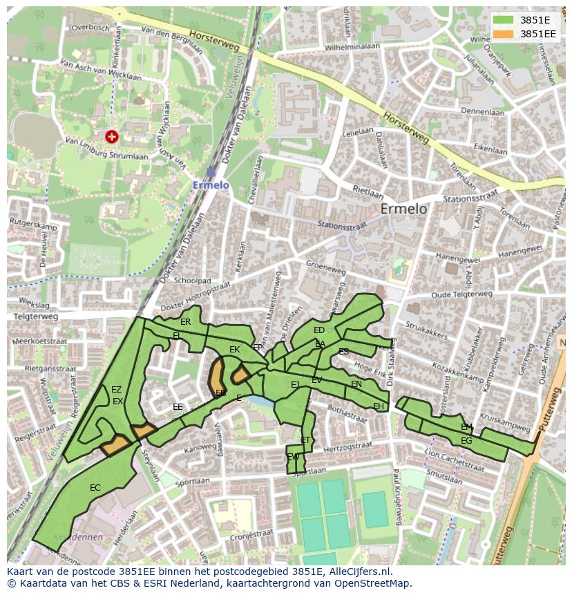 Afbeelding van het postcodegebied 3851 EE op de kaart.