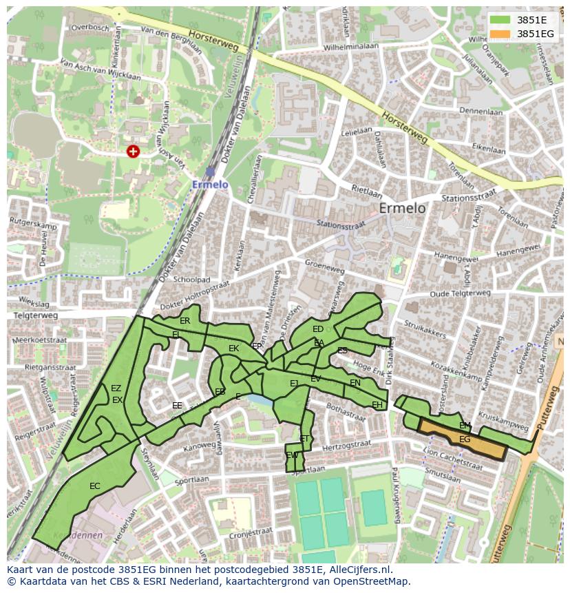 Afbeelding van het postcodegebied 3851 EG op de kaart.