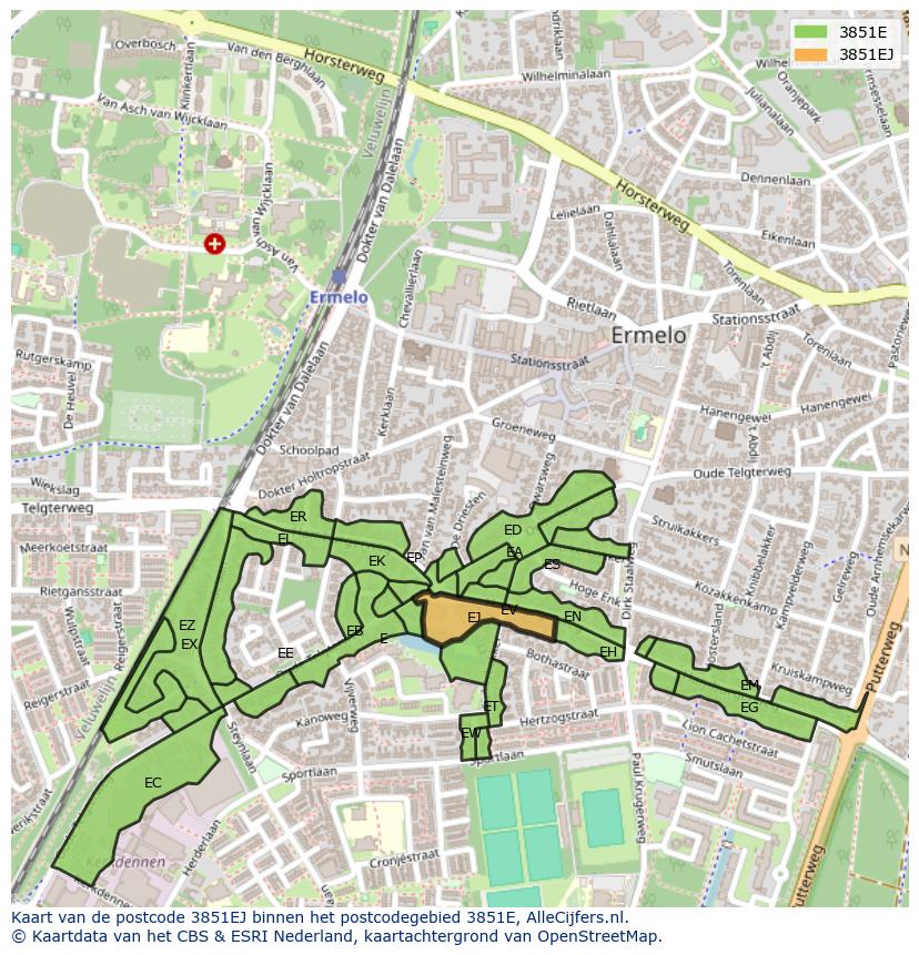 Afbeelding van het postcodegebied 3851 EJ op de kaart.