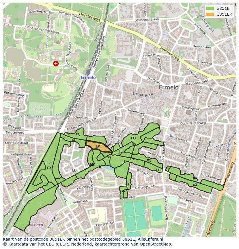Afbeelding van het postcodegebied 3851 EK op de kaart.