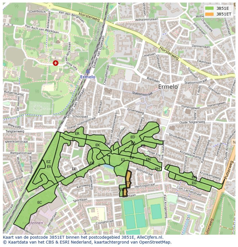 Afbeelding van het postcodegebied 3851 ET op de kaart.