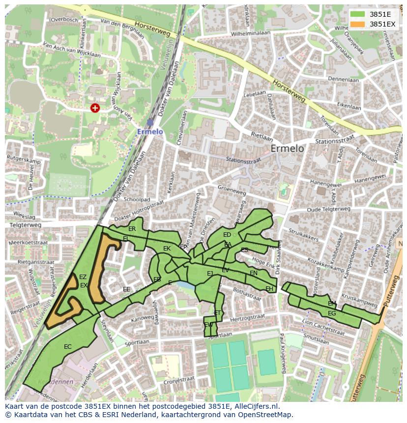 Afbeelding van het postcodegebied 3851 EX op de kaart.