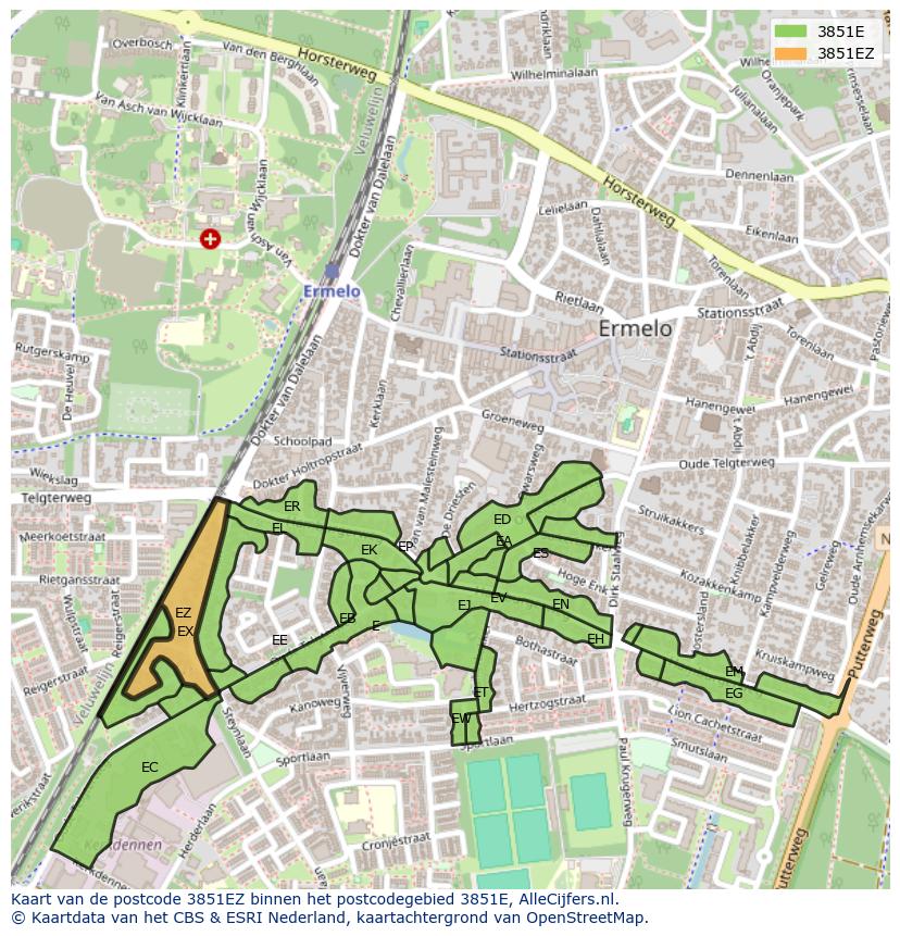 Afbeelding van het postcodegebied 3851 EZ op de kaart.