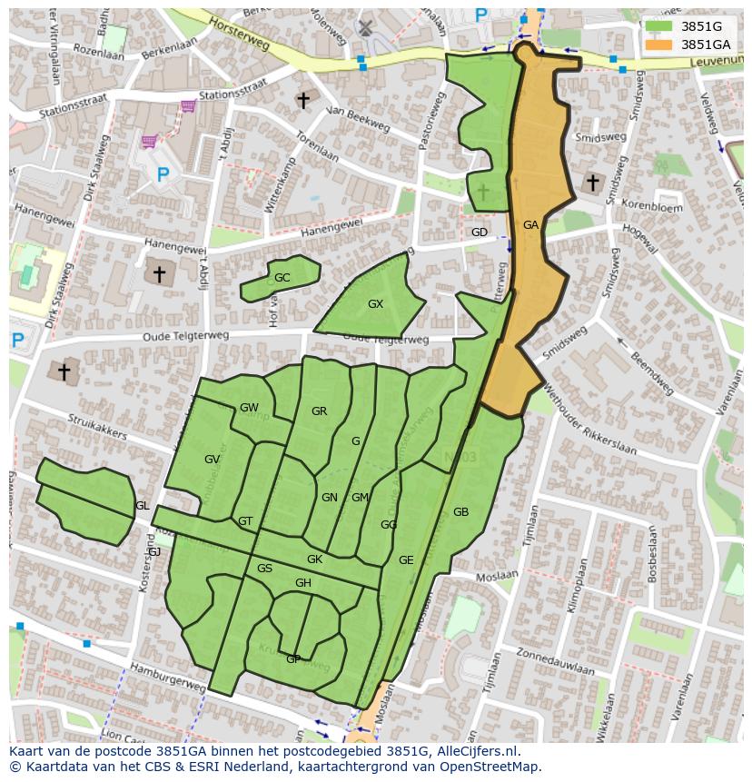 Afbeelding van het postcodegebied 3851 GA op de kaart.