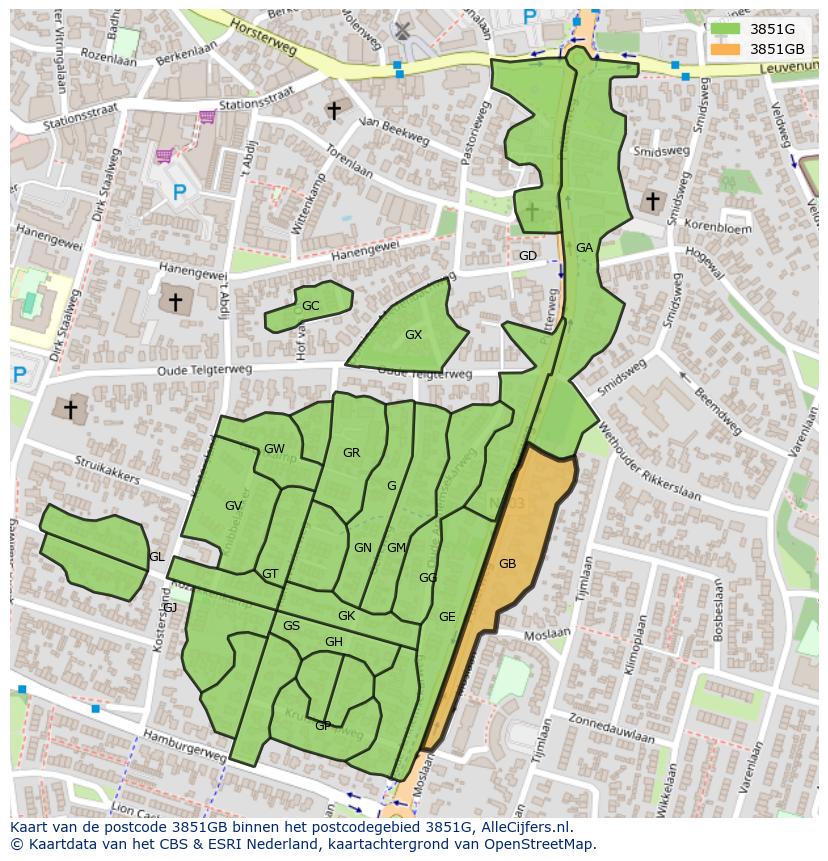 Afbeelding van het postcodegebied 3851 GB op de kaart.