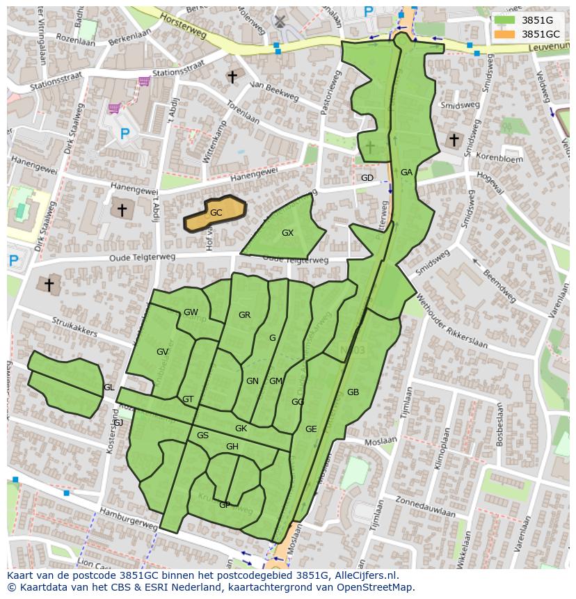 Afbeelding van het postcodegebied 3851 GC op de kaart.
