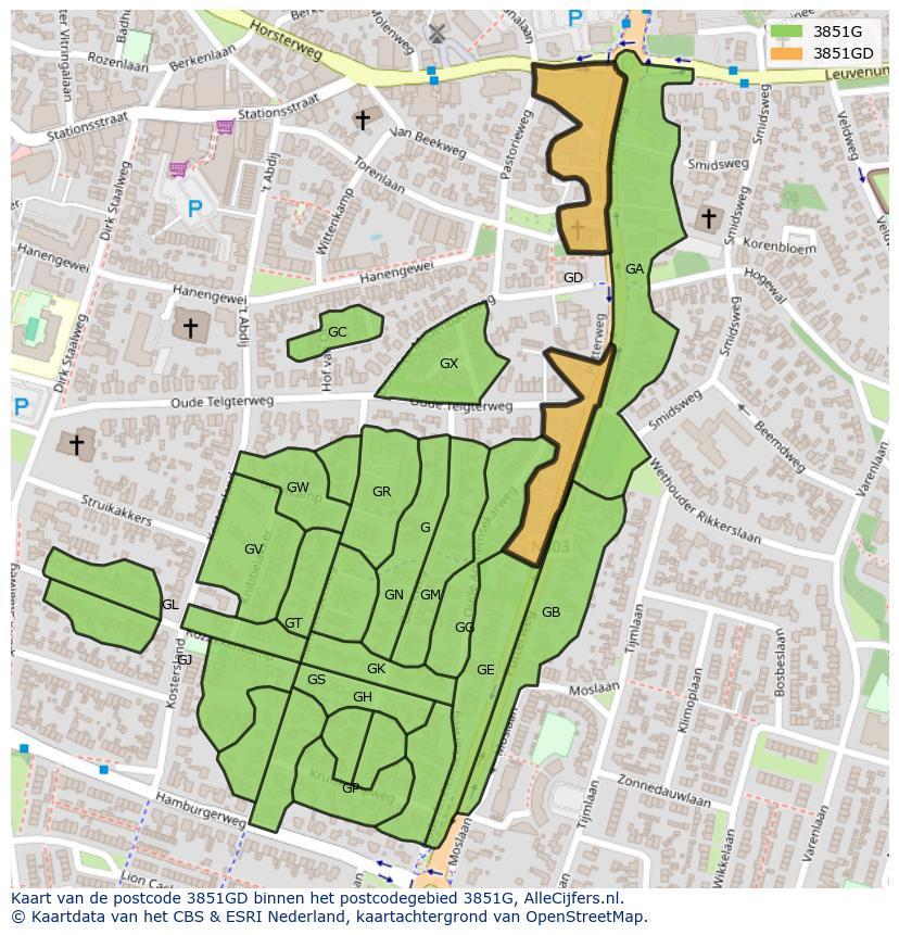 Afbeelding van het postcodegebied 3851 GD op de kaart.