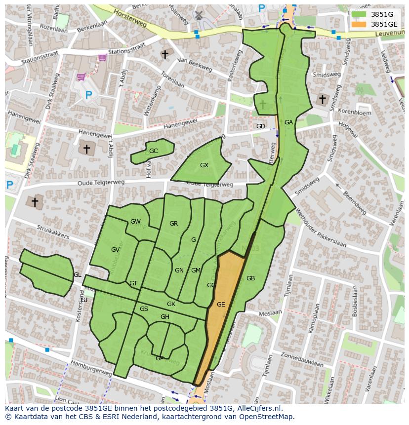 Afbeelding van het postcodegebied 3851 GE op de kaart.