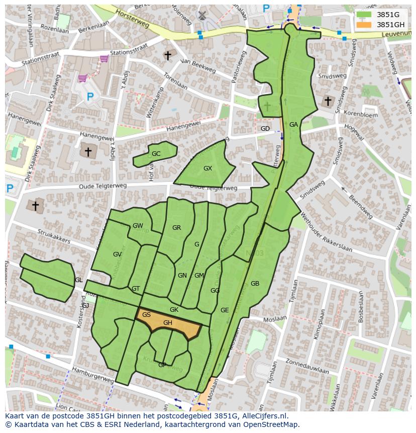 Afbeelding van het postcodegebied 3851 GH op de kaart.