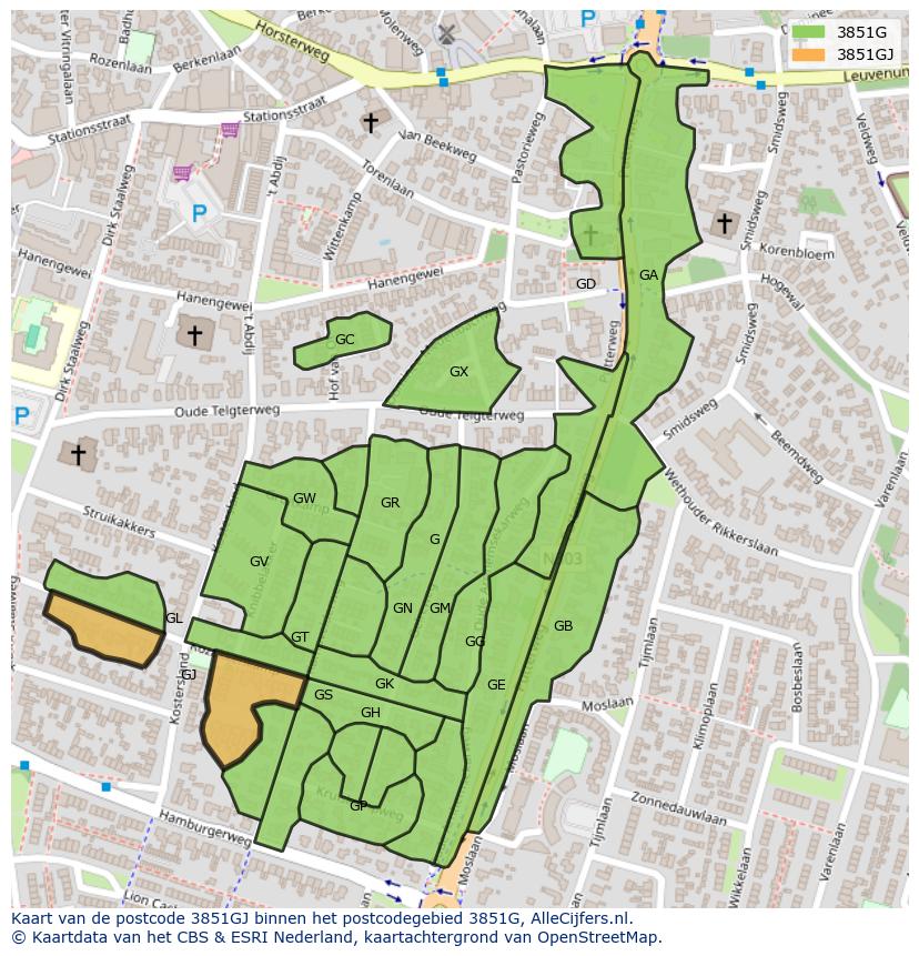 Afbeelding van het postcodegebied 3851 GJ op de kaart.