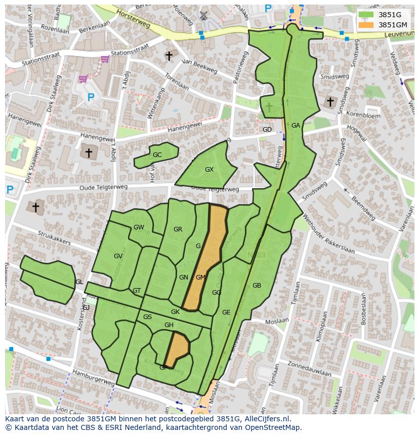Afbeelding van het postcodegebied 3851 GM op de kaart.
