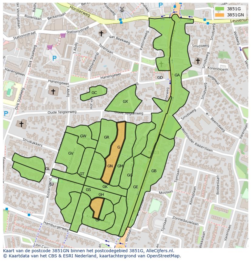 Afbeelding van het postcodegebied 3851 GN op de kaart.