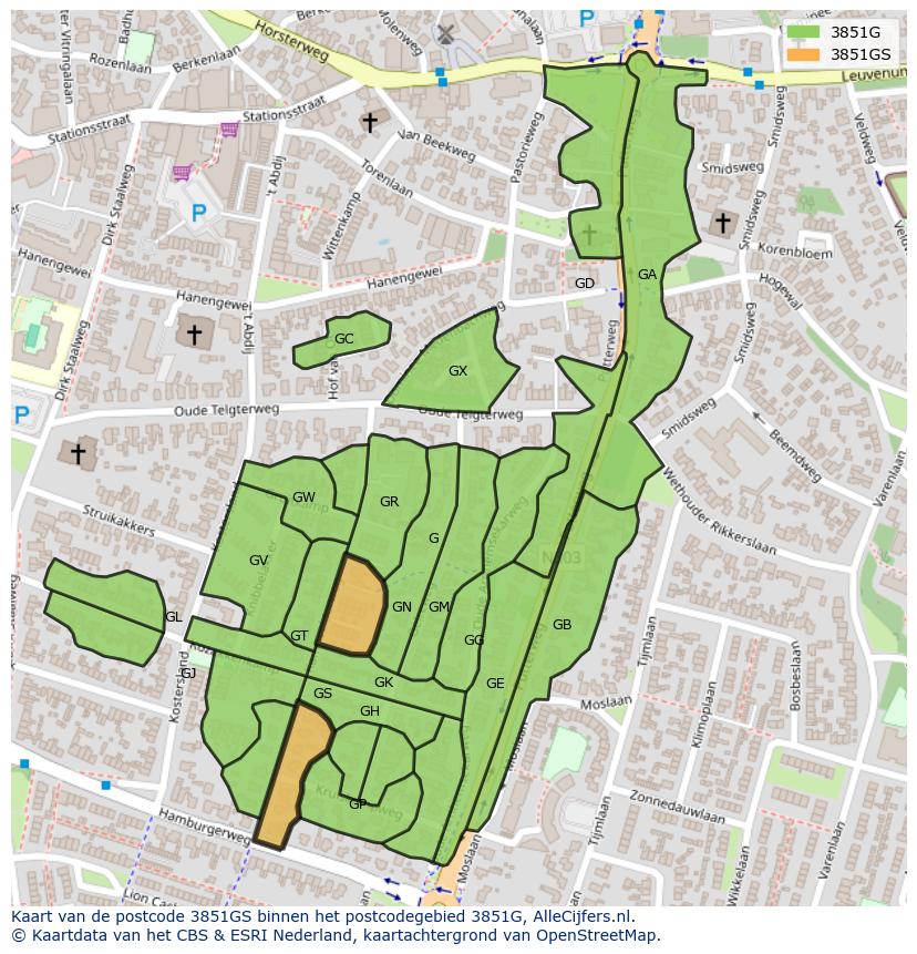 Afbeelding van het postcodegebied 3851 GS op de kaart.