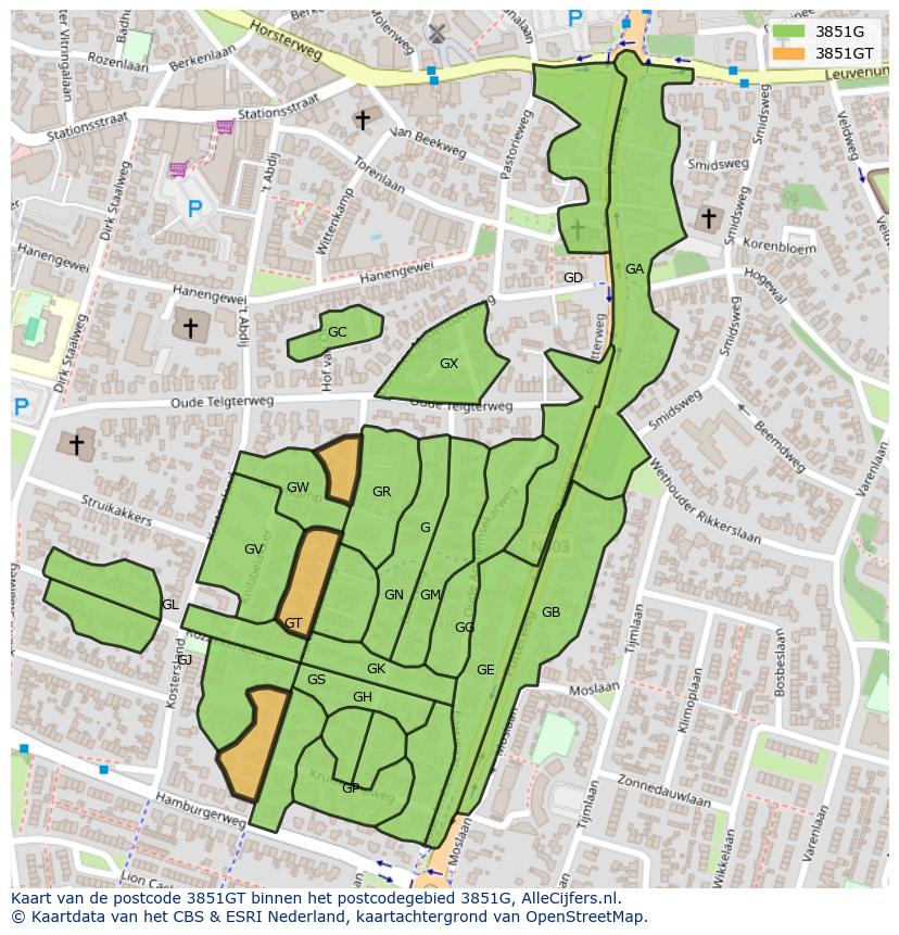 Afbeelding van het postcodegebied 3851 GT op de kaart.