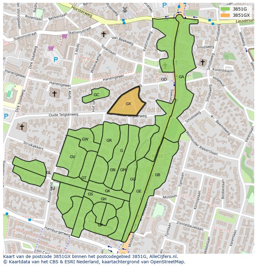 Afbeelding van het postcodegebied 3851 GX op de kaart.