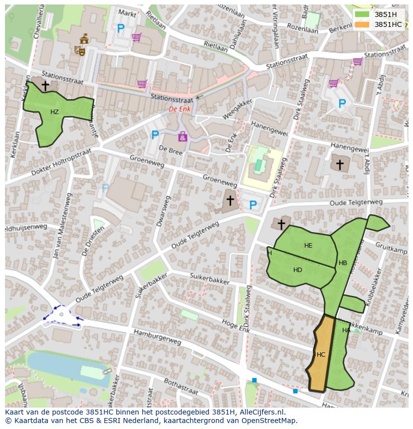 Afbeelding van het postcodegebied 3851 HC op de kaart.