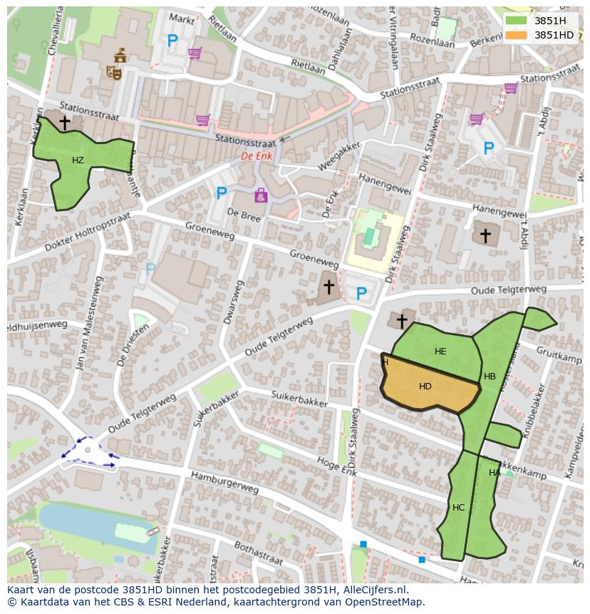 Afbeelding van het postcodegebied 3851 HD op de kaart.