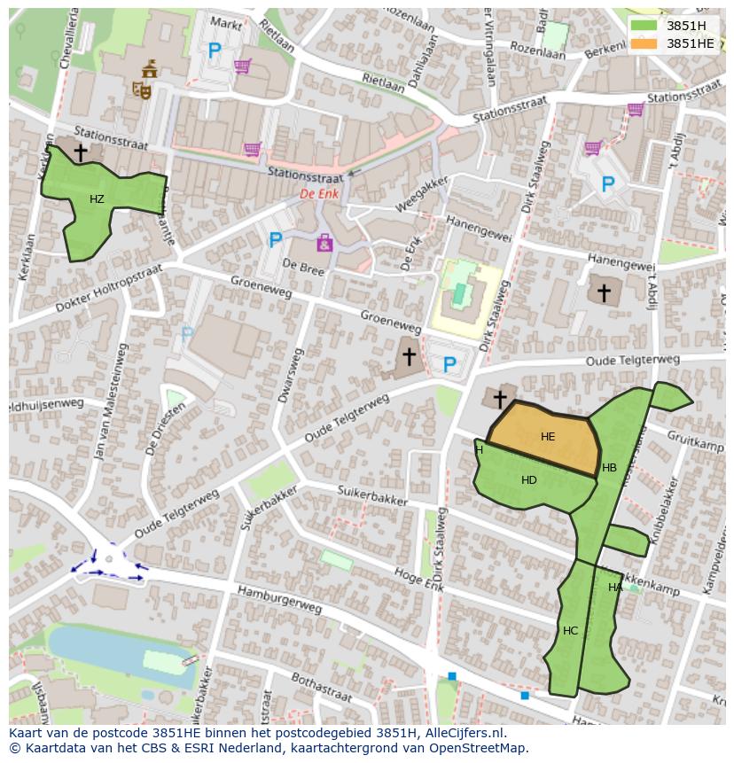 Afbeelding van het postcodegebied 3851 HE op de kaart.