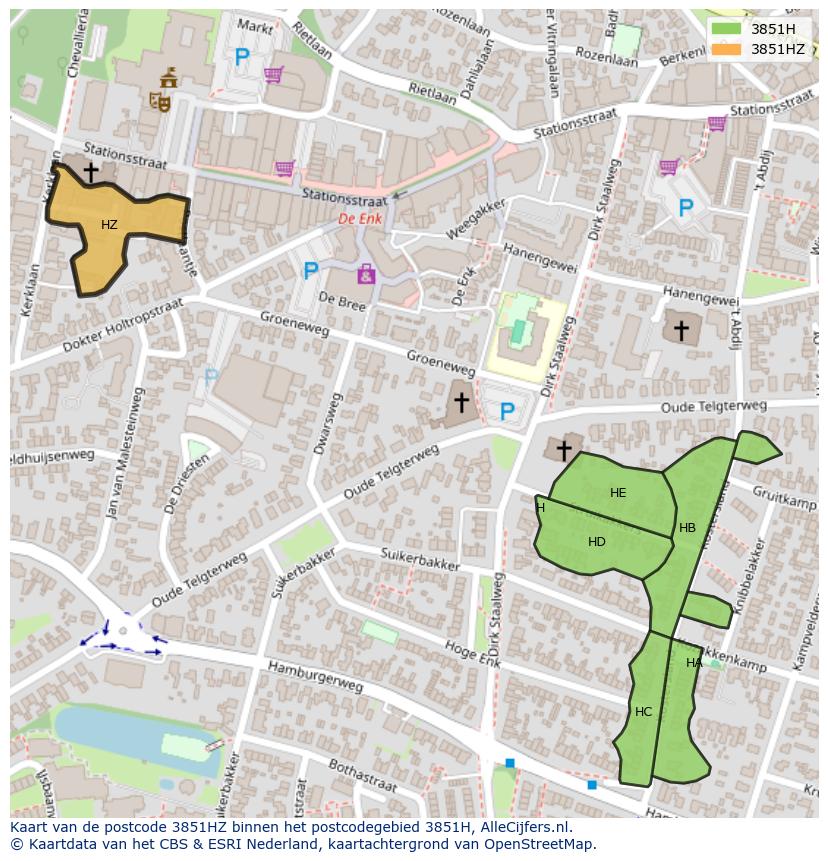 Afbeelding van het postcodegebied 3851 HZ op de kaart.