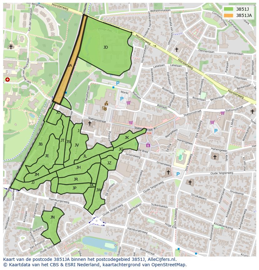 Afbeelding van het postcodegebied 3851 JA op de kaart.